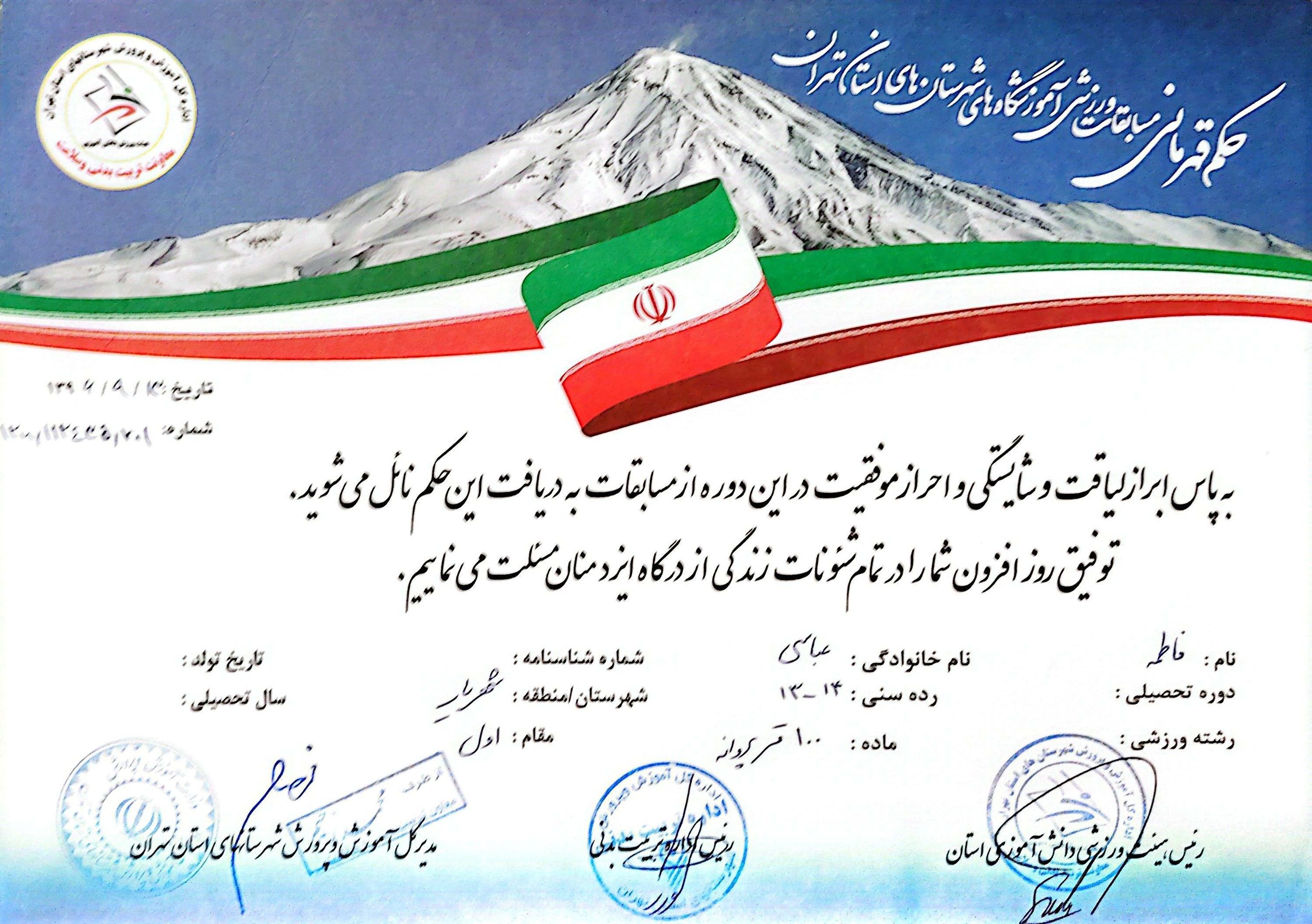 عکس قهرمانی ۱: قهرمانی در مسابقات استانی سال ۱۴۰۲